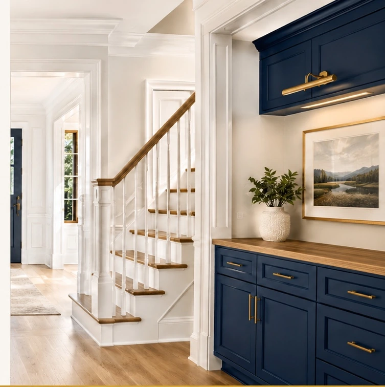 Interior cabinetry, trim, and staircase finish details